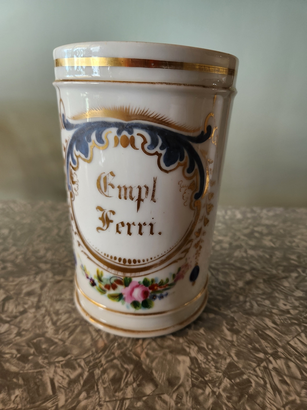 Source Unknown White Porcelain Apothecary Jar with Blue and Gold Accents